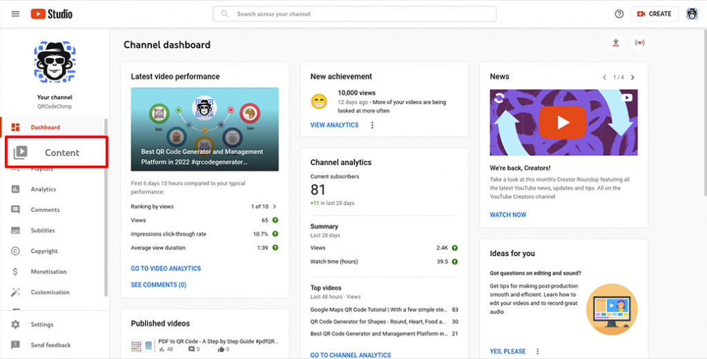 Opening video content in YouTube Studio