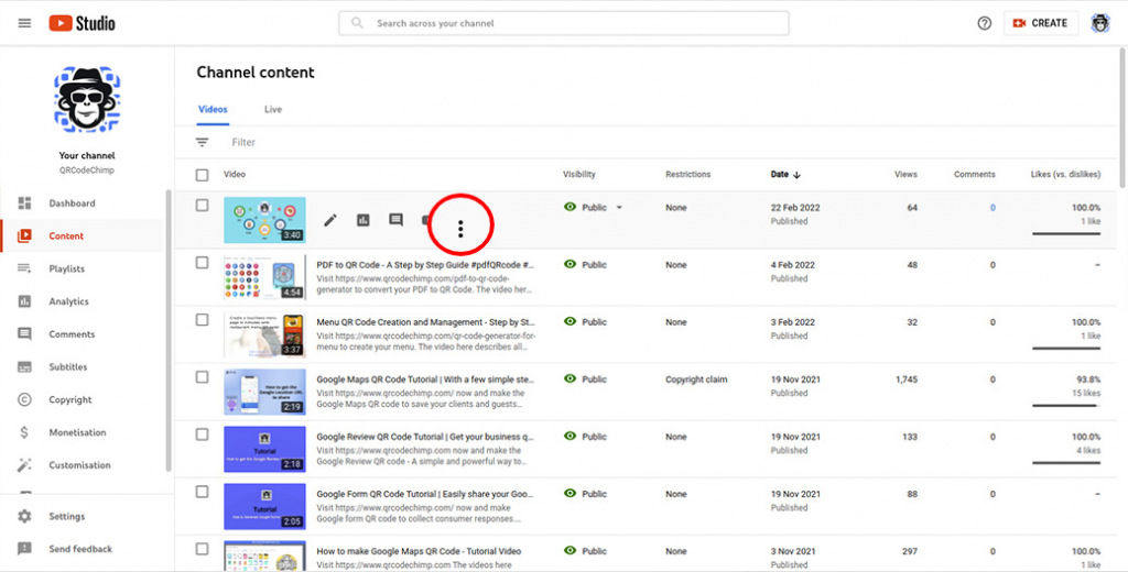 Accessing video options in YouTube Studio